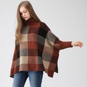 LIE IN CHECK FIELDS TURTLENECK CAPE SWEATER IN CARAMEL